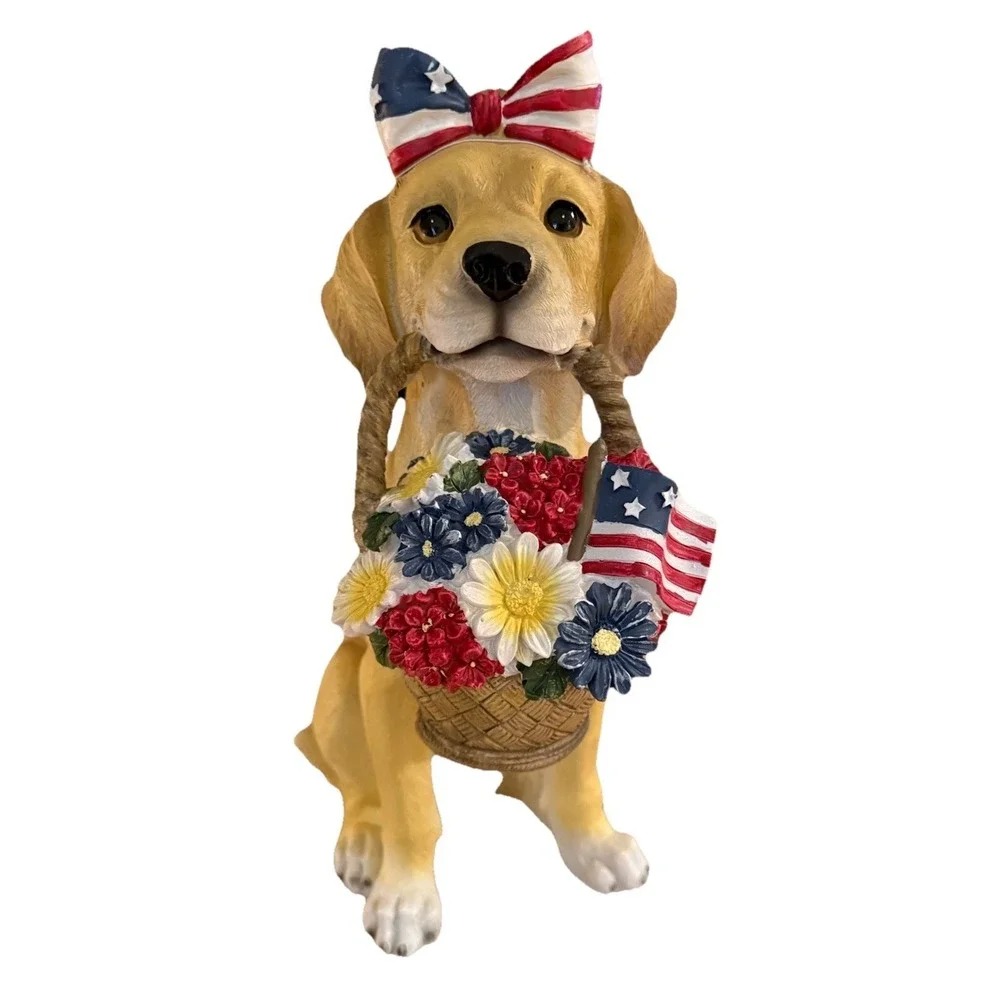 Americana Patriotic 4th Of July Patriotic Puppy Dog Flag Bow Holding Basket 16